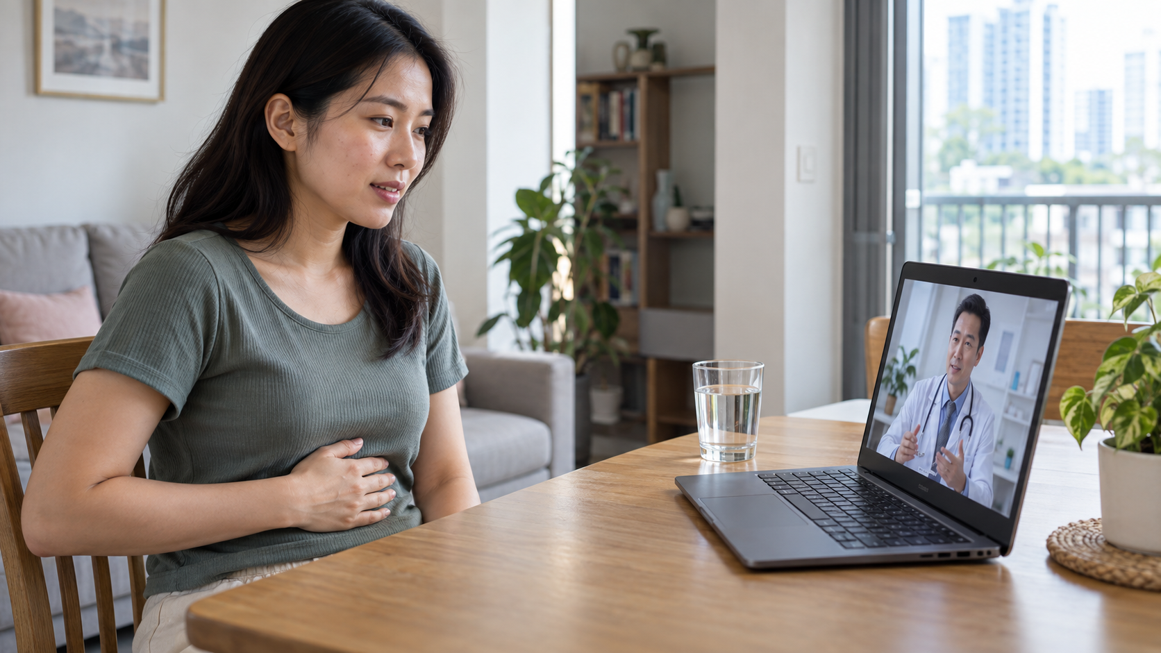 Illustration of a patient discussing mild upper abdominal discomfort with a doctor by video