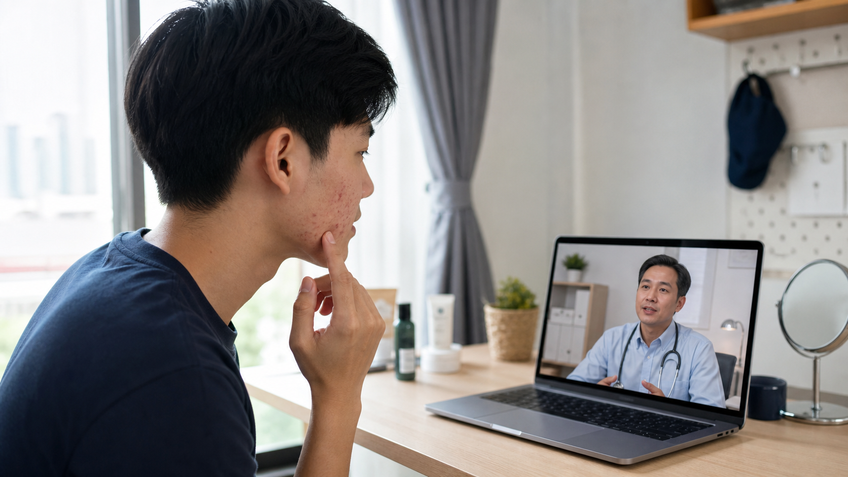 Young adult discussing acne with an online doctor during a video consultation in Singapore