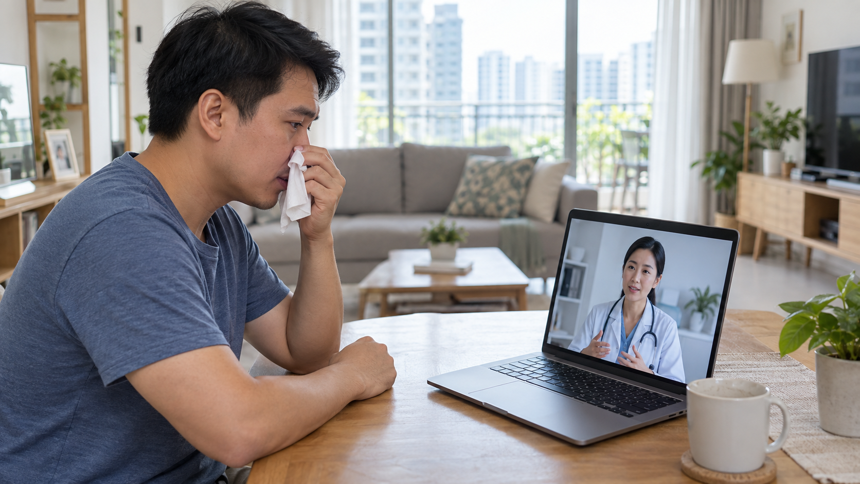 Illustration of a patient with nasal discomfort speaking to a doctor by video at home
