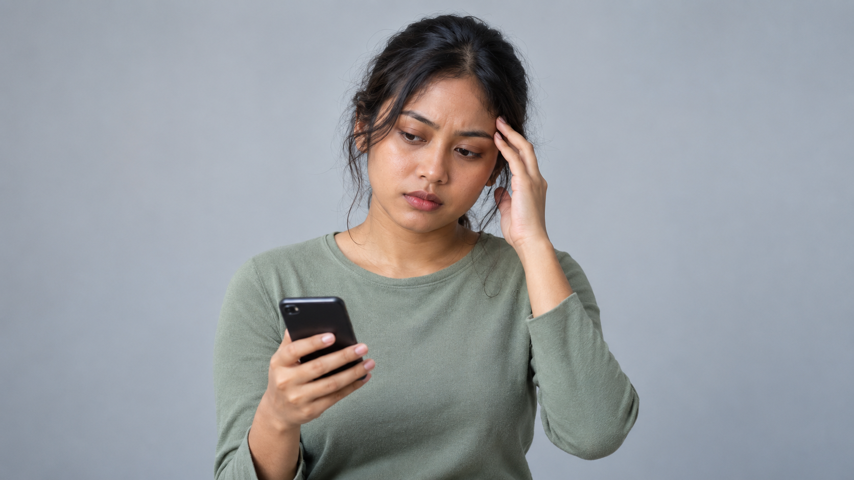 Young Malay woman feeling stressed while looking at her phone against a plain grey background