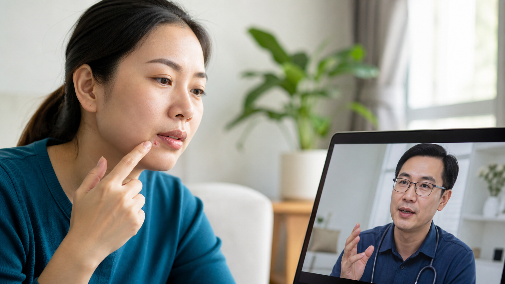 Patient showing a small cold sore near the lip during an online doctor consultation in Singapore