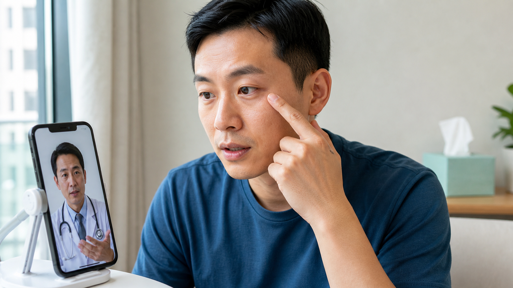 Patient showing a mildly irritated eye during an online doctor video consultation in Singapore