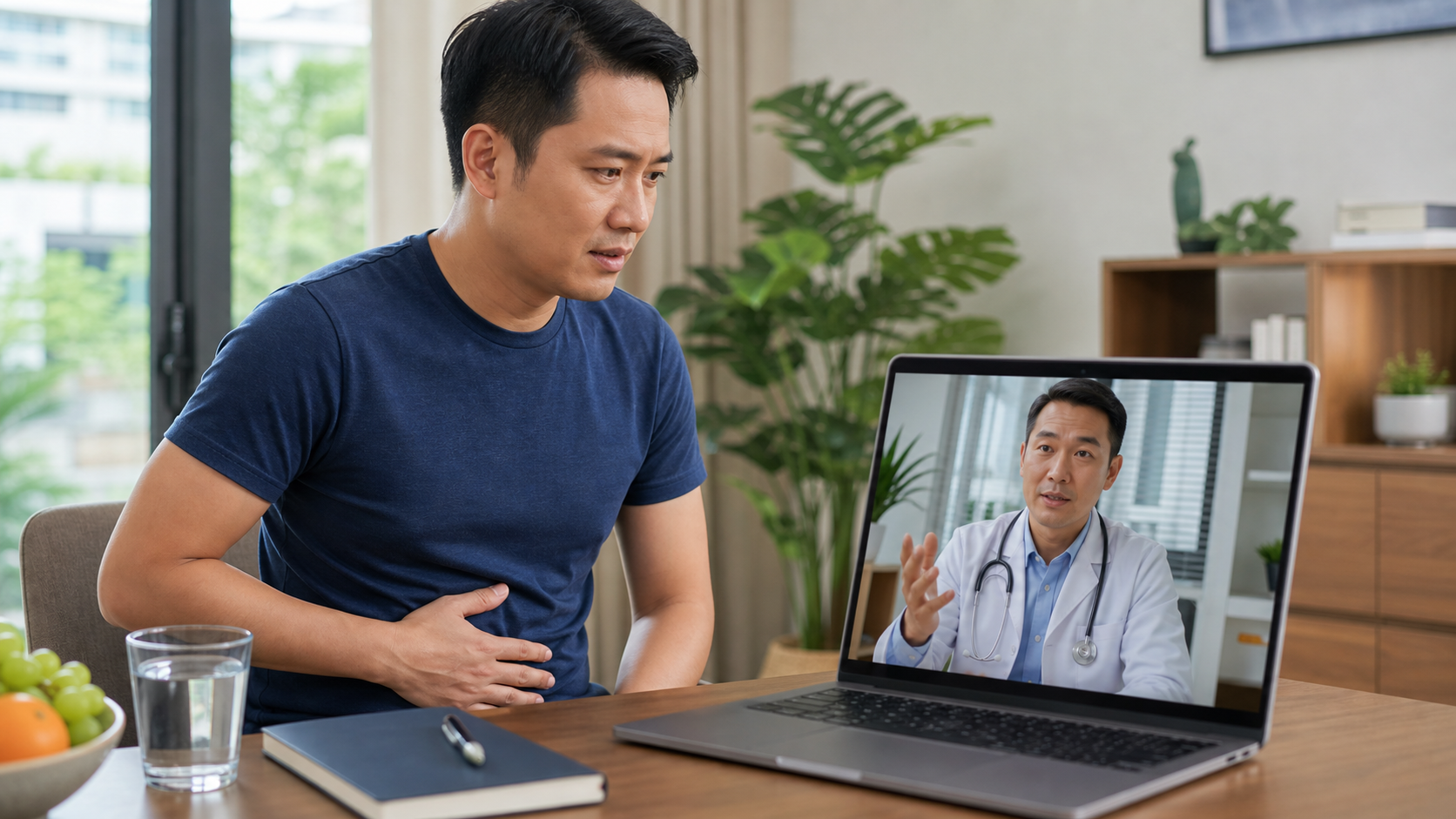 Patient discussing constipation and abdominal discomfort with an online doctor in Singapore