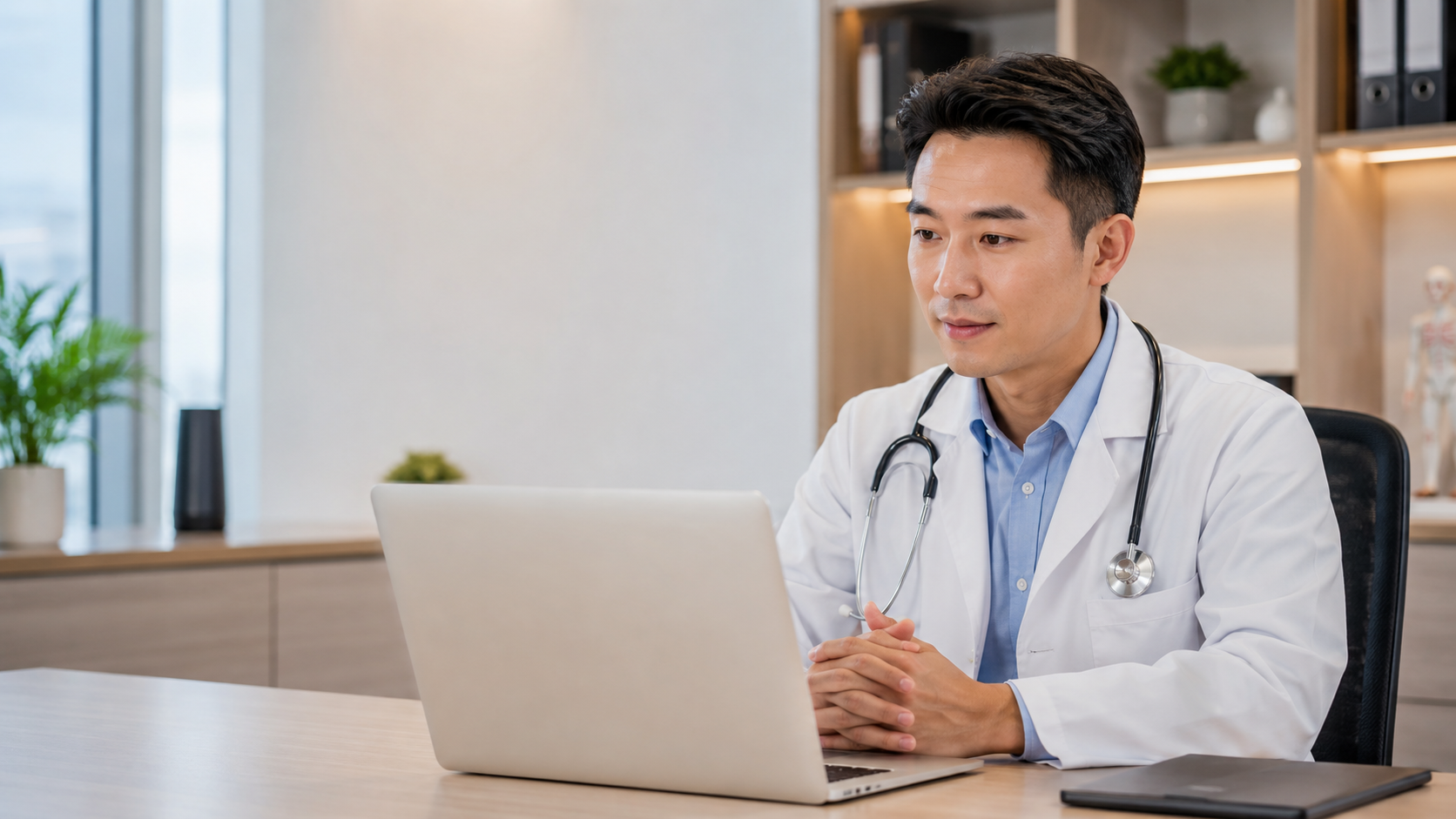 Doctor using a computer for a licensed online doctor consultation in Singapore