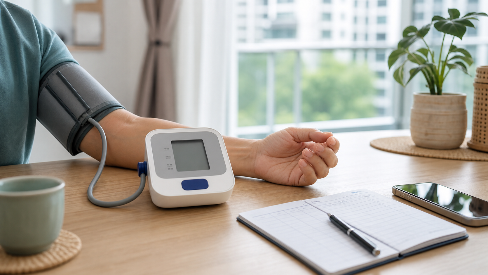 Home blood pressure monitor with arm cuff, logbook and phone on a table in Singapore