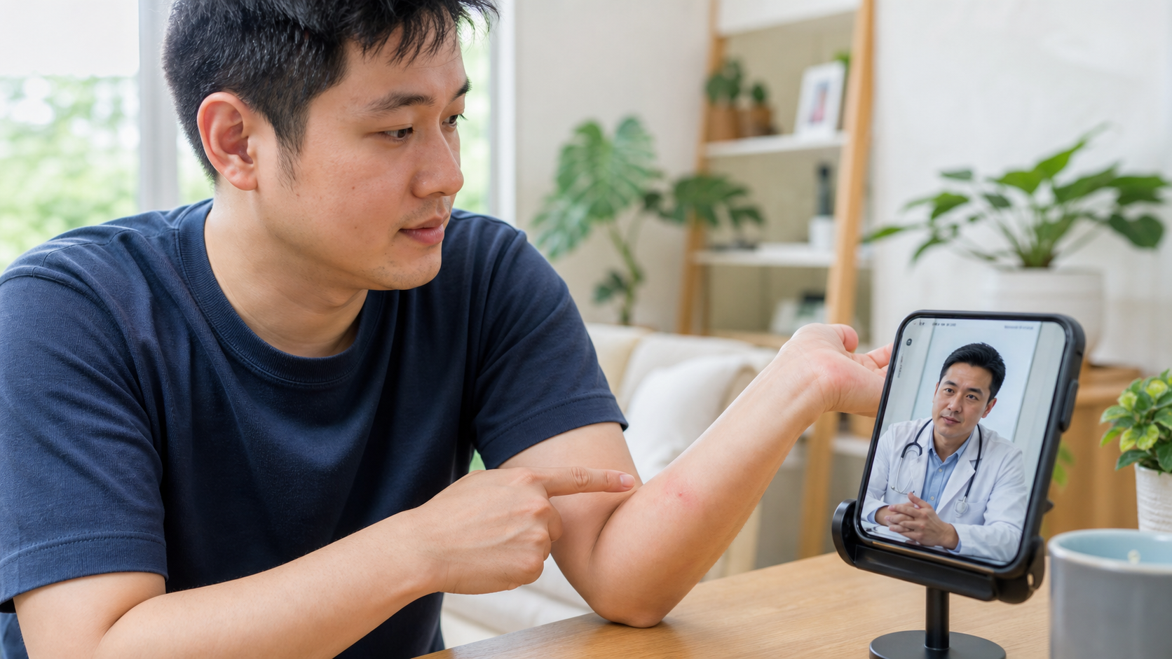 Patient showing a mild forearm insect bite to an online doctor during a Singapore teleconsultation