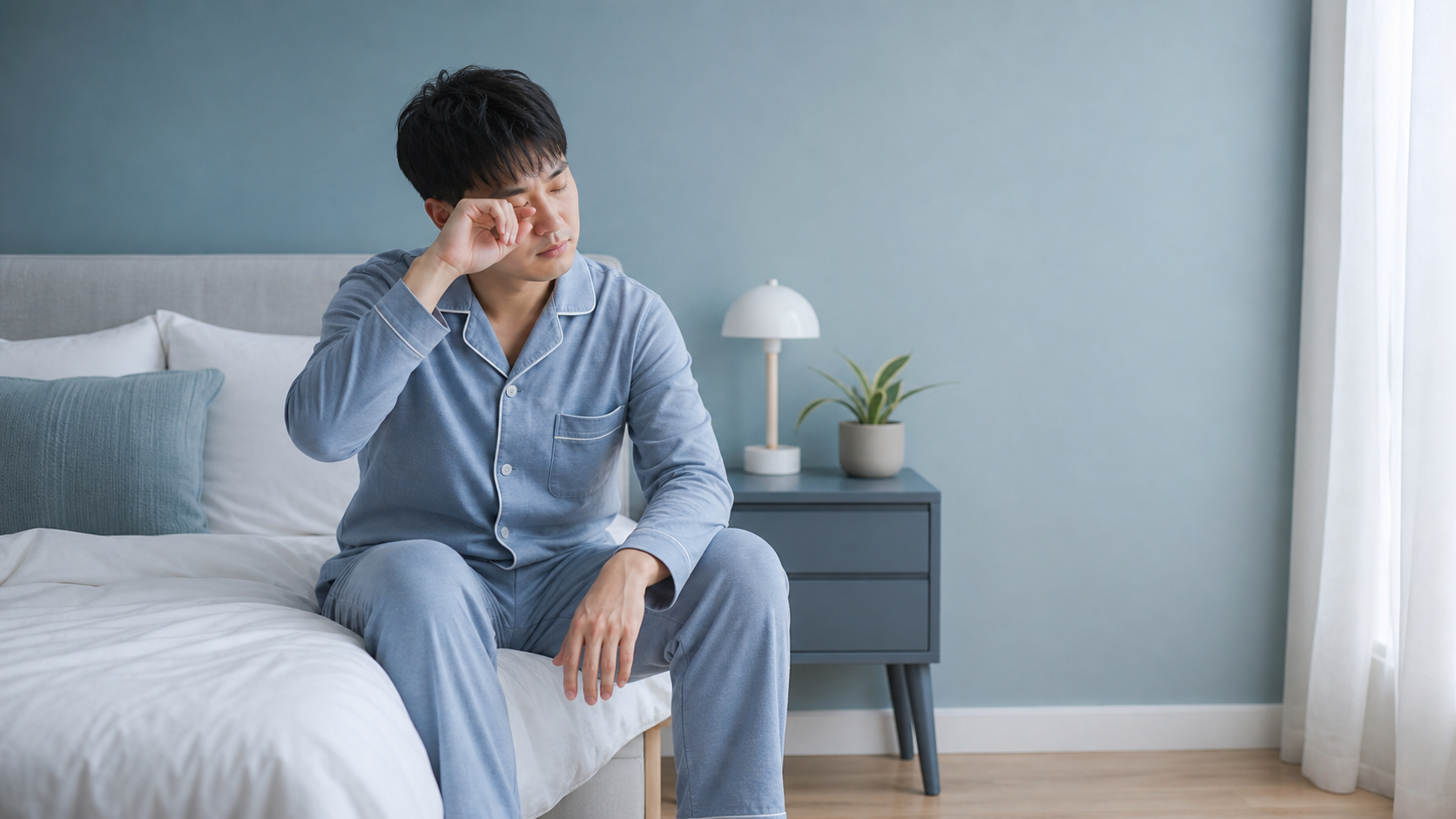 A tired adult in light blue pajamas sitting on a bed in a calm, clean bedroom