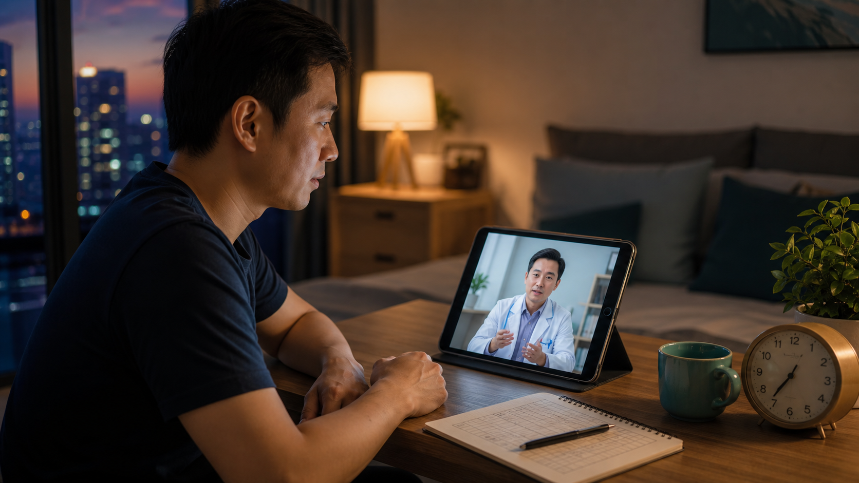Patient reviewing a sleep diary with an online doctor during an evening teleconsultation in Singapore