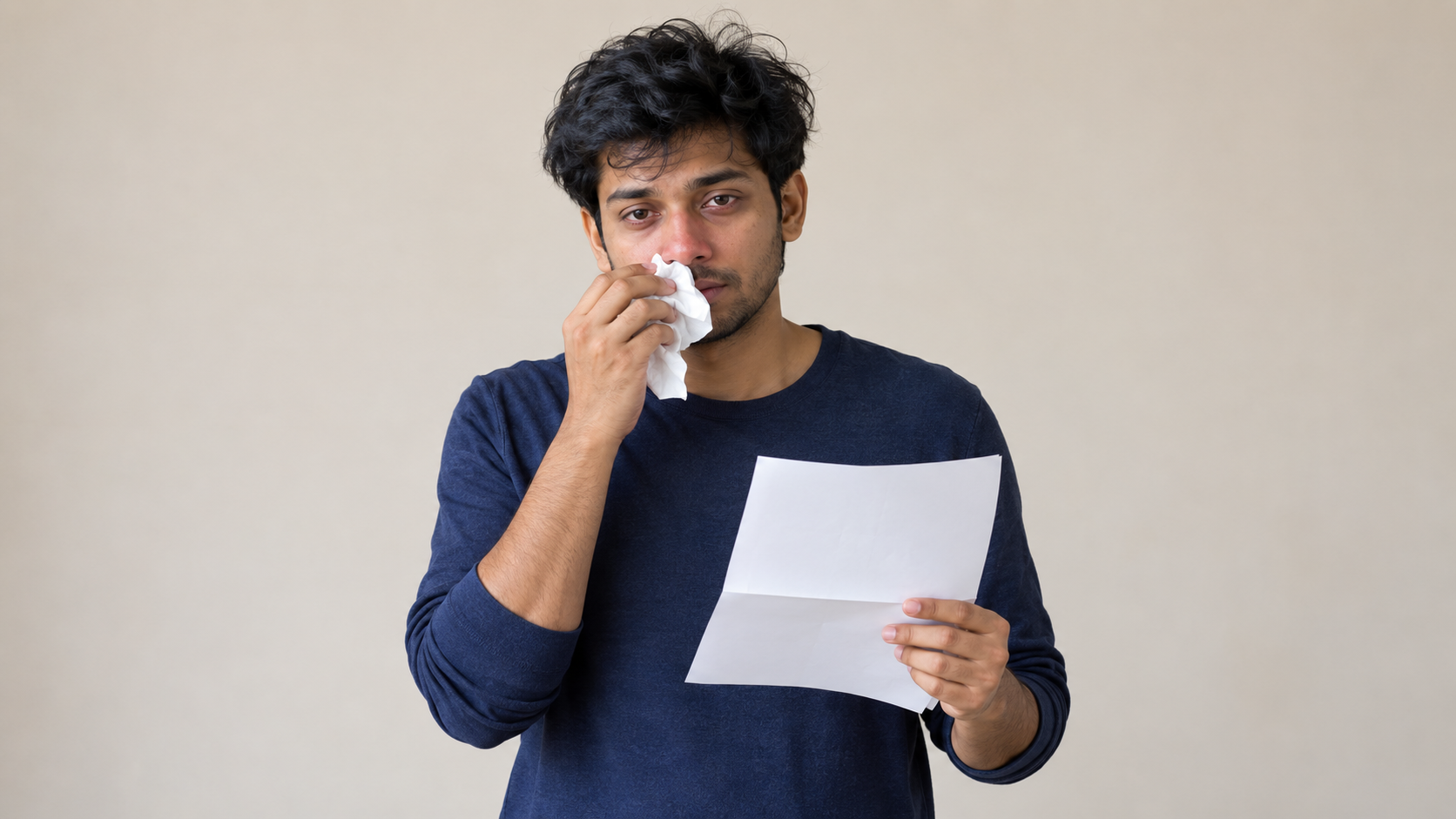 Young Indian man looking mildly unwell while holding a tissue and folded blank paper against a plain beige background