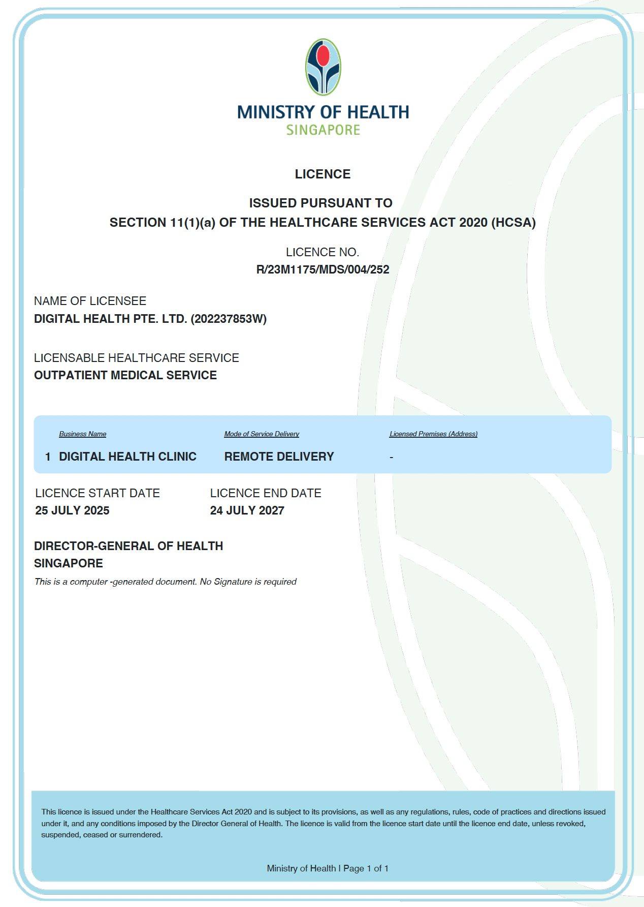 Ministry of Health licence certificate for Digital Health Clinic (R/23M1175/MDS/001/232)