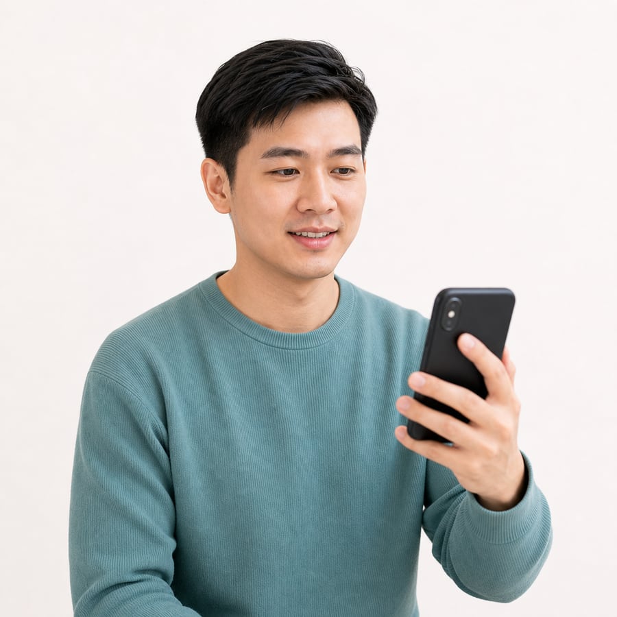 Patient using a phone for an online doctor consultation in Singapore
