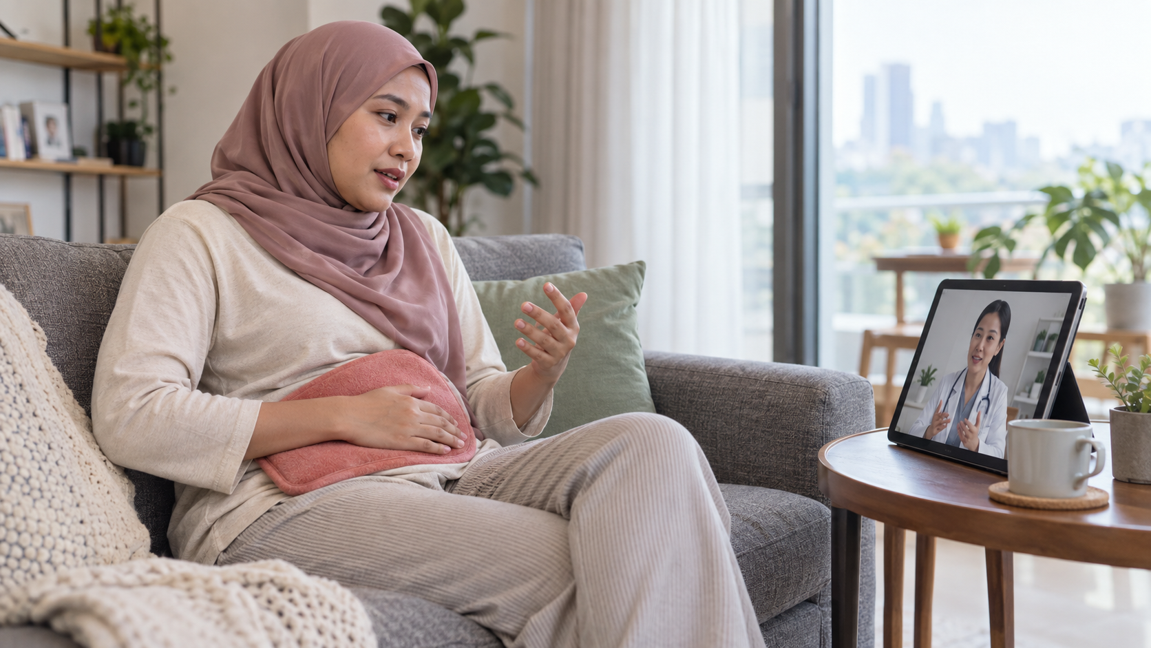 Illustration of a patient with a wrapped warm pack discussing period discomfort by video