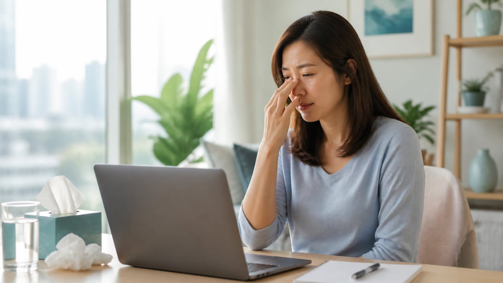 Patient with blocked nose and facial pressure preparing for an online doctor consultation