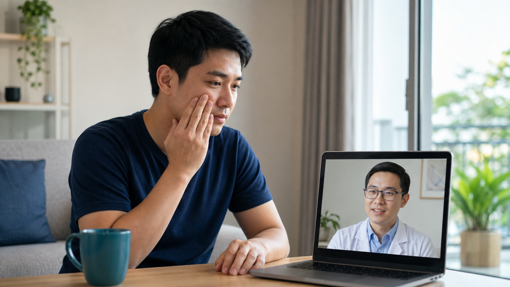 Patient discussing sinus pressure with an online doctor during a video consultation in Singapore