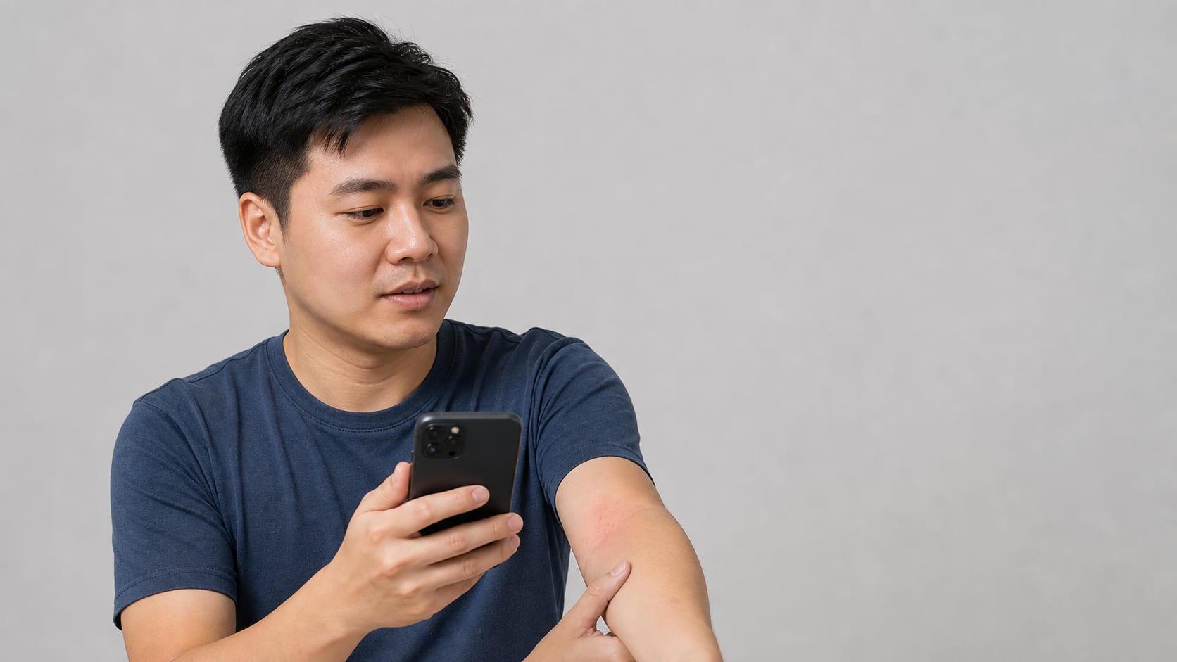 Patient showing a mild forearm rash during an online doctor consultation