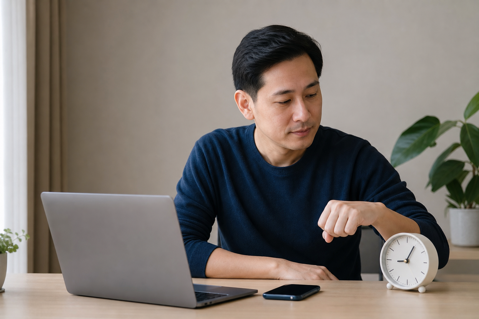 Patient waiting calmly for a teleconsult with a laptop and clock