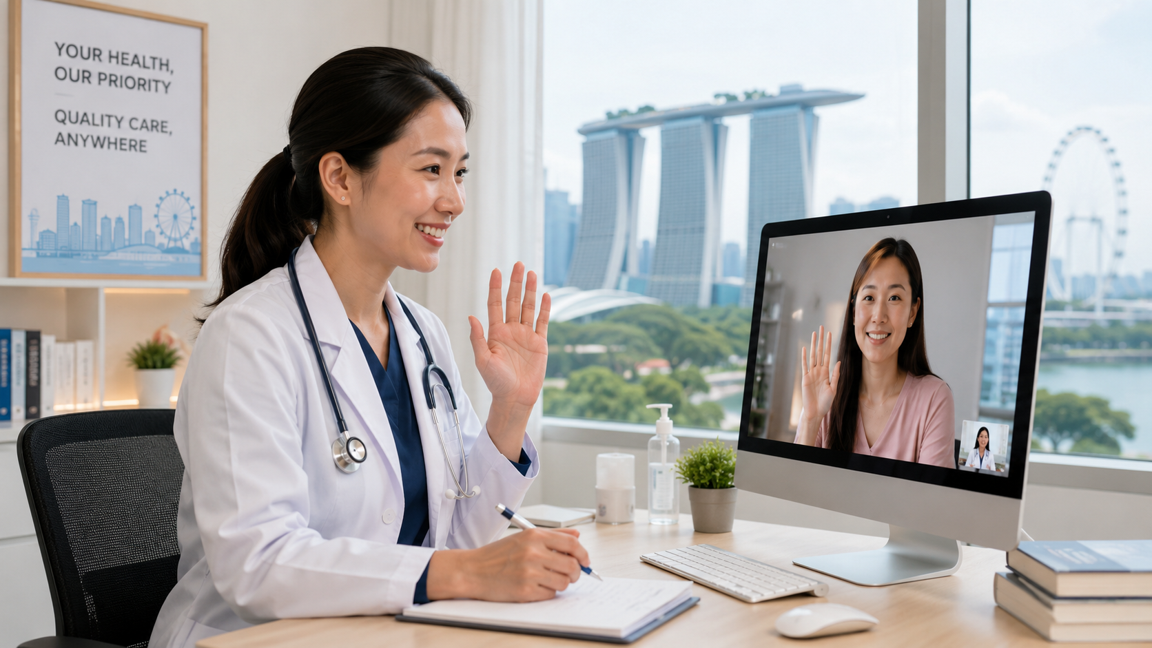 Woman doctor conducting a teleconsult before prescribing medication in Singapore